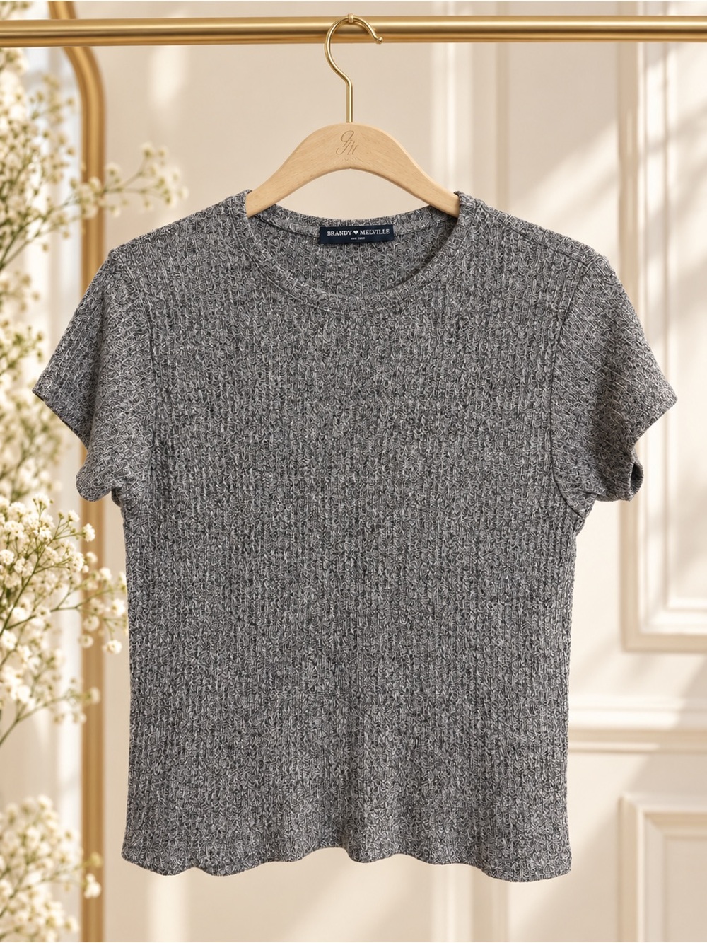 Brandy Melville Gray Marled Ribbed Short Sleeve Top One Size Made Italy